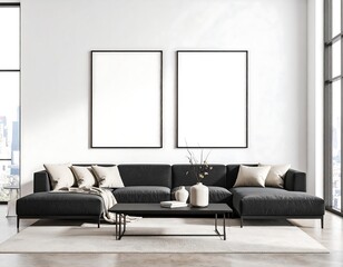 Minimalist living room with dark gray sectional sofa two blank framed art pieces white walls and rug