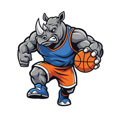 A gray rhino wearing a blue jersey and orange shorts dribbles a basketball