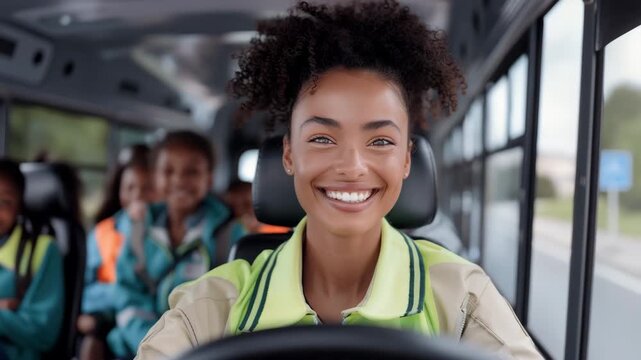 Happy face of smiling female school bus driver with children in the background looking at camera. Close up of happy black woman driving symbolizing professionalism and inclusivity.