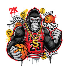 Fierce gorilla wearing a red jersey gold chain holding a basketball and making a fist Graffiti and gold coins surround it