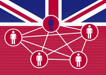 Network of human icons over UK flag with binary code, symbolizing digital democracy, data-driven politics, and social connectivity in Britain