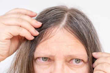 Fototapeta premium Mature woman touching her gray hair, examines silver strands, deep in thought, aging process, beauty time, emotional reflection, quiet acceptance