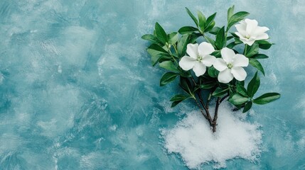 Elegant white flowers with green leaves on a textured blue background create a sense of calm and