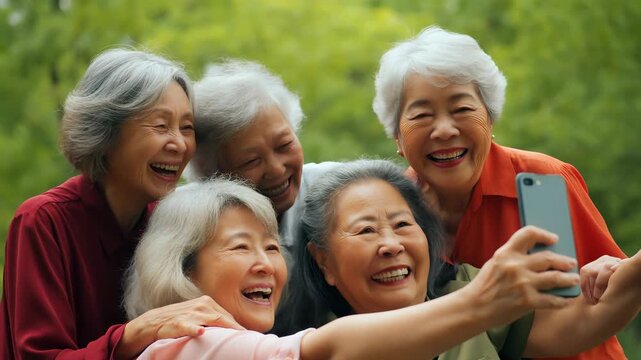Five cheerful senior women are taking a selfie with a smartphone, making a peace sign and laughing together in a park, enjoying their retirement and friendship