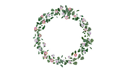 Watercolor Floral Wreath: Delicate Green Leaves and Pink Flowers Isolated on White Background. Round Springtime Botanical Frame for Cards and Invitations.