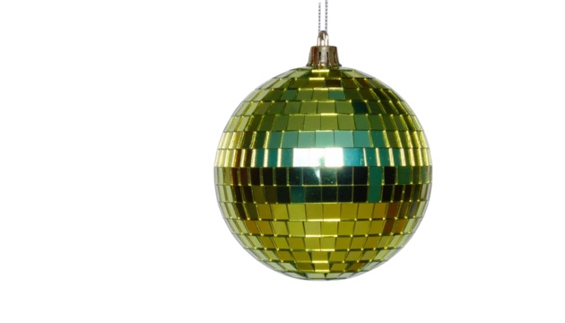 Gold and teal disco ball spinning and reflecting bright light perfect for party and celebration visuals isolated on solid white background Png form