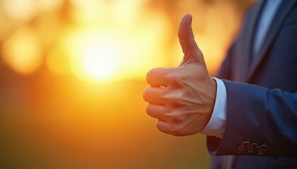 Close up of man hand showing thumbs up gesture on sunset. Businessman wearing a suit expresses approval, success, positivity. Symbolizes motivation, achievement, bright future in orange sunny light.