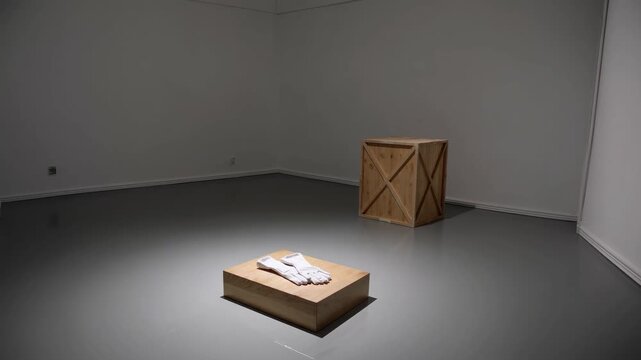 Modern Art Gallery with a Wooden Crate and Gloves on Pedestal Display, Creating Intrigue in the Minimalist Space Under Focused Lighting
