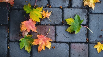 Colorful autumn leaves scattered on dark cobblestone, showcasing a vibrant contrast of nature against urban pavement.