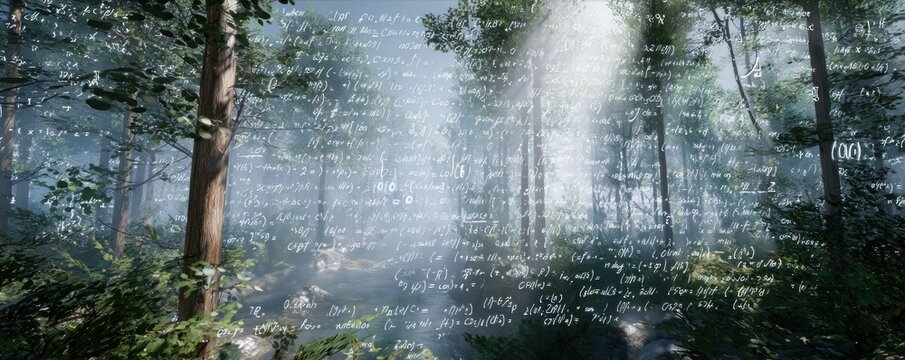 A dense forest scene with trees and foliage overlaid with complex mathematical equations and formulas