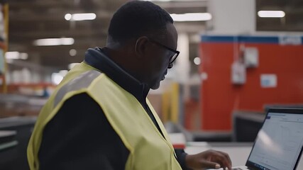 Focused African American Man Wearing Glasses and a Yellow Safety Vest Working in a Warehouse Environment - Powered by Adobe