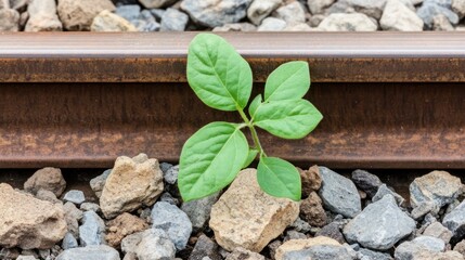 Resilience of nature plant growing through rocks near a rusty railway track symbolizing life