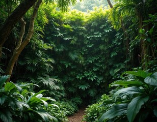 Green wall of foliage in Honolulu rainforest. Lush green leaves, exotic flora. Tropical plants, dense vegetation. Forest pathway leads into tropical jungle with green plants.
