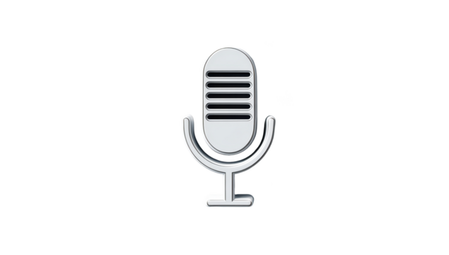 Silver microphone icon against a stark black background. Simple and iconic design