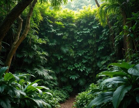Green wall of foliage in Honolulu rainforest. Lush green leaves, exotic flora. Tropical plants, dense vegetation. Forest pathway leads into tropical jungle with green plants. - Powered by Adobe