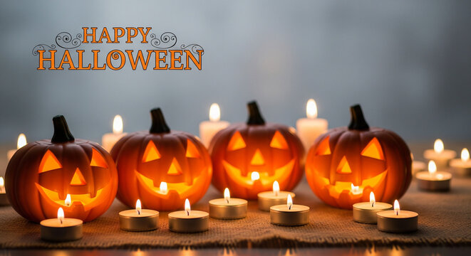 Spooky yet inviting Halloween carved pumpkins with glowing interiors, surrounded by flickering candles , words "HAPPY HALLOWEEN" resource 