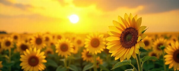 Obraz premium A vibrant yellow sun shining brightly on a field of sunflowers, creating a cheerful and energetic atmosphere Perfect for themes of happiness, optimism, and summer , hot, peaceful, uplifting