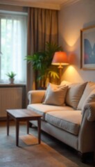 Blurred image of a cozy interior, soft lighting, out-of-focus details suggesting a living room with comfortable furniture and warm atmosphere , rustic, light