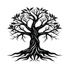 Intricate black and white sketch of a majestic tree with spreading roots and branches
