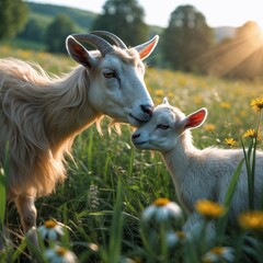 Obraz premium Golden hour goat family nuzzle in summer meadow, low angle with tender focus and soft rim light, cinematic rural calm