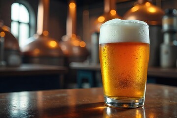 Close-up shot of frothy beer head, condensation on glass, bokeh background of a brewery interior with copper kettles and pipes , craft, bottle, restaurant