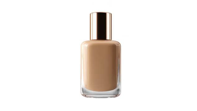 Beige foundation bottle with a gold cap, against a black backdrop