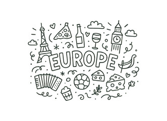 Cute doodle style illustration with large central word Europe surrounded by various simple stroke line art doodles like pizza gondola wine bottle soccer ball cheese and accordion
