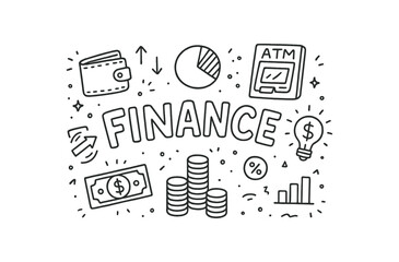 Cute doodle style illustration with large central word Finance surrounded by various simple stroke line art doodles like wallet money pie chart ATM and coins