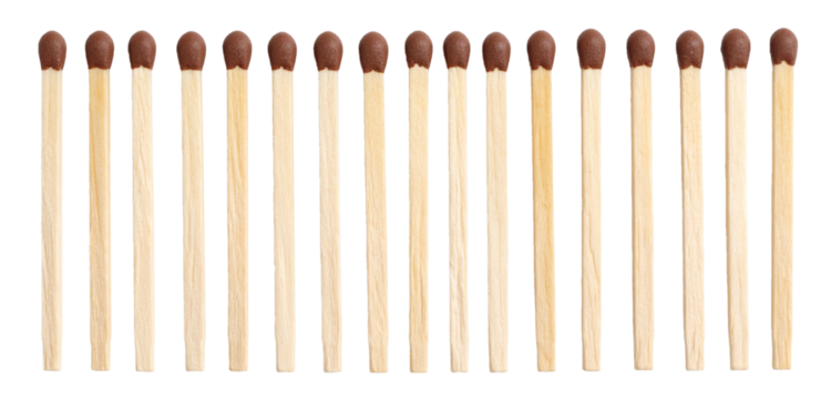 wooden matches in a row isolated on white background