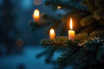 Cozy scene of flickering candlelight illuminating a pine tree branch, creating a warm and inviting atmosphere Perfect for holiday, winter, or nature-themed projects , magical, branch, inviting