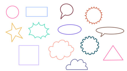 Colorful Outline Shapes: Graphic Elements, Speech Bubbles, Geometric Figures on White - Vector Illustration for Design, Creativity, Education, Infographics, and Decorative Use