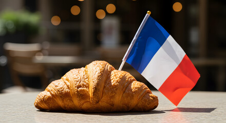 Delicious Golden Croissant with French Flag on a Bright Cafe Table, Symbolizing French Cuisine and Culture