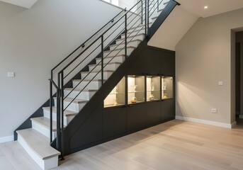 A modern staircase with a black railing and builtin display cabinets in a home