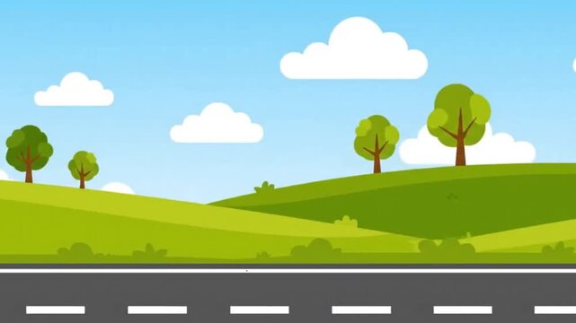Animated Landscape: Road, Hills, Trees, Clouds, and Blue Sky.