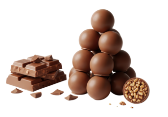 Commercial Product Shot of Milk Chocolate Spheres Pyramid Stack and Bar Segments, Isolated on White Background