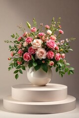 Fototapeta premium Elegant floral arrangement on a modern podium, perfect for event decor or wedding centerpiece Various blooms create a stunning display against a neutral backdrop , pink, flowers