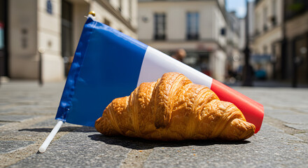 Iconic French Breakfast: Golden Croissant with National Flag on a Sunlit Parisian Cobblestone Street