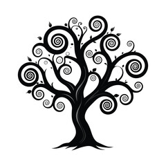 Whimsical black silhouette tree with swirling branches and leaves