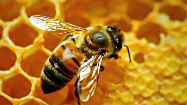 Close-up View of a Honey Bee on a Honeycomb Cell Structure Insect and Nature