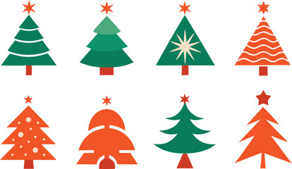 Collection of stylized christmas trees with stars on a cream background