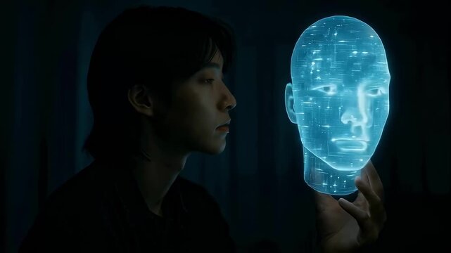 An asian man holding and looking at a glowing digital head, representing artificial intelligence, digital consciousness, self-reflection in the ai age and the concept of a digital twin