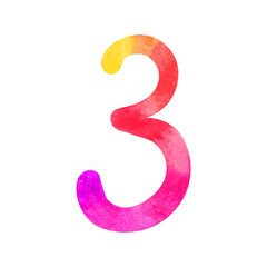 Illustration of the number 3. Colorful watercolor three on a transparent background.