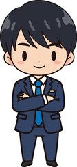 Chibi Vector Ilustration Confident Businessman Standing Arms Crossed Wearing a Blue Suit.