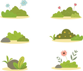 Green grass and bushes collection vector set. Cartoon plants, shrubs, bush for book, children, asset, poster. Spring field planting shapes lawn with flower, stone