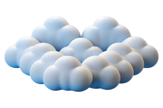 Fluffy 3d clouds arrangement for weather forecast design element on transparent background