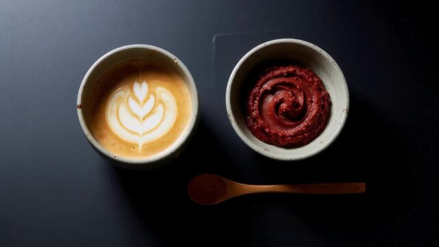 A top-down view of a cup of latte art coffee and a bowl of miso paste on a dark background, illustrating the trendy miso coffee concept of savory-sweet fusion beverages