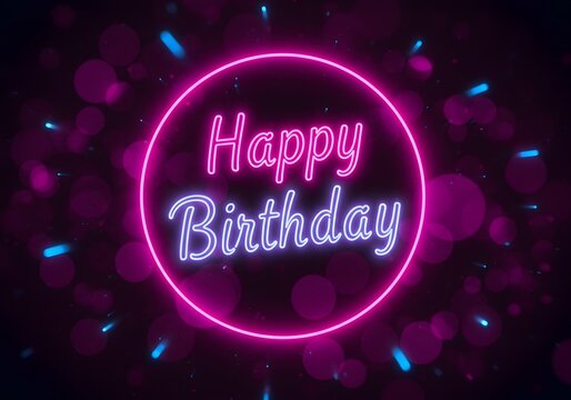 A bright neon sign glows with the words happy birthday in a festive circle