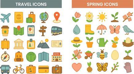 Obraz premium Hand drawn style travel and transportation icon set