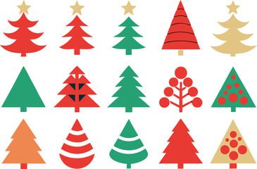 A collection of stylized christmas trees in various colors and designs