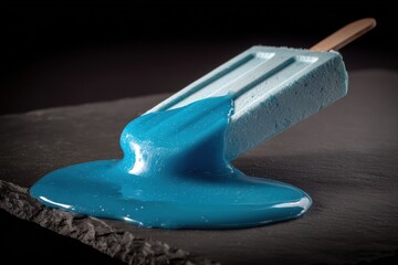 Vibrant blue melting popsicle on dark slate background